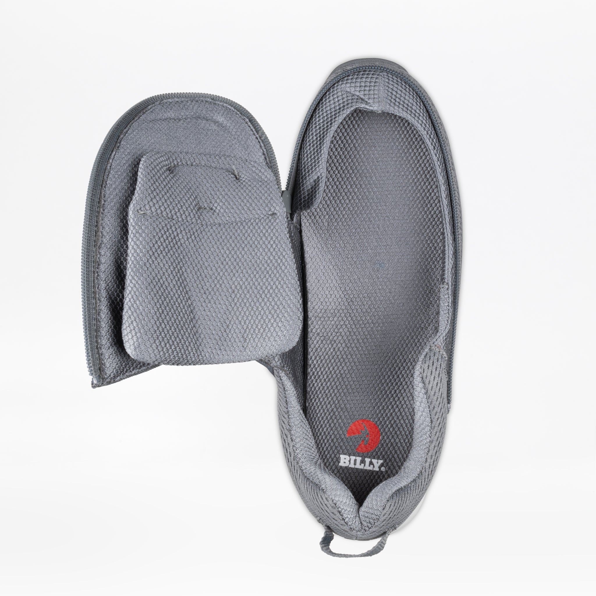 The Men's Charcoal BILLY Limitless by BILLY Footwear is a gray slip-on with an unzipped top that shows the interior, featuring textured fabric, a red insole logo, and an easy-on/easy-off design ideal for sensory-friendly use.