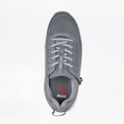 Top view of the Men's Charcoal BILLY Limitless by BILLY Footwear—a gray sensory-friendly shoe with white laces, mesh upper, LIMITLESS on the tongue, and a red insole logo. Designed for comfort and style in men’s wide shoes.