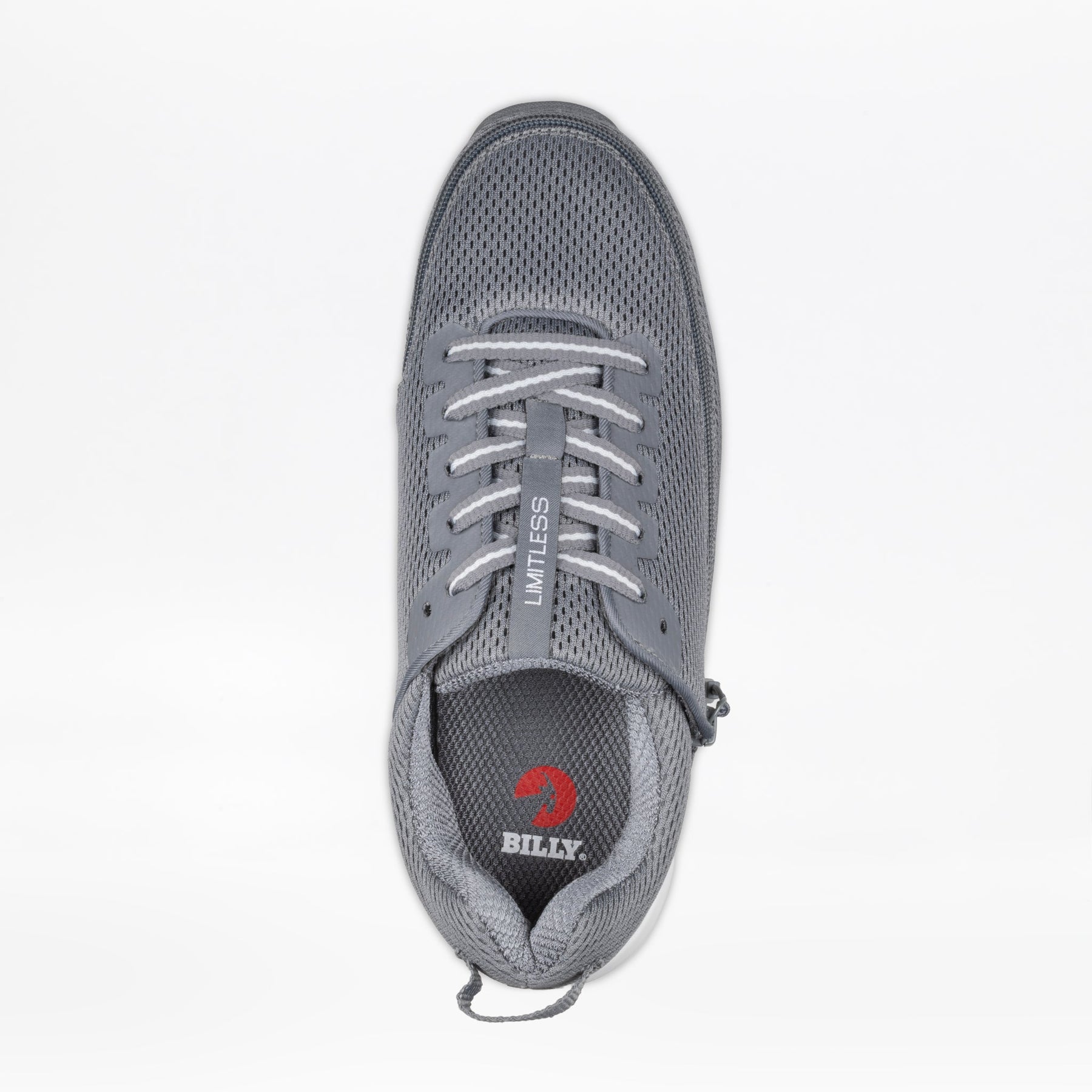 Top view of the Men's Charcoal BILLY Limitless by BILLY Footwear—a gray sensory-friendly shoe with white laces, mesh upper, LIMITLESS on the tongue, and a red insole logo. Designed for comfort and style in men’s wide shoes.