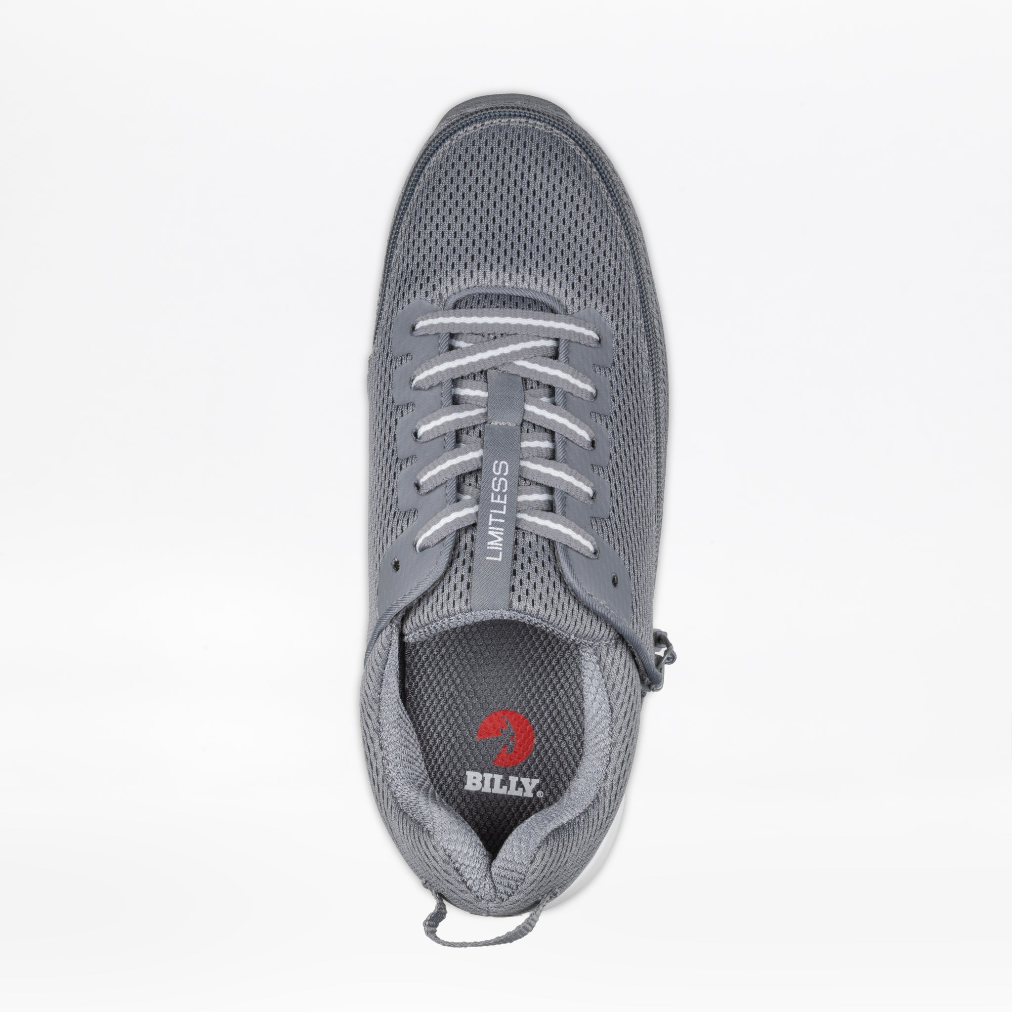 Top view of the Men's Charcoal BILLY Limitless by BILLY Footwear—a gray sensory-friendly shoe with white laces, mesh upper, LIMITLESS on the tongue, and a red insole logo. Designed for comfort and style in men’s wide shoes.
