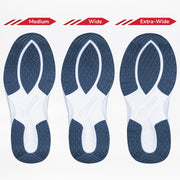 Three pairs of shoe insoles labeled 'Medium', 'Wide', and 'Extra-Wide' on a white background.