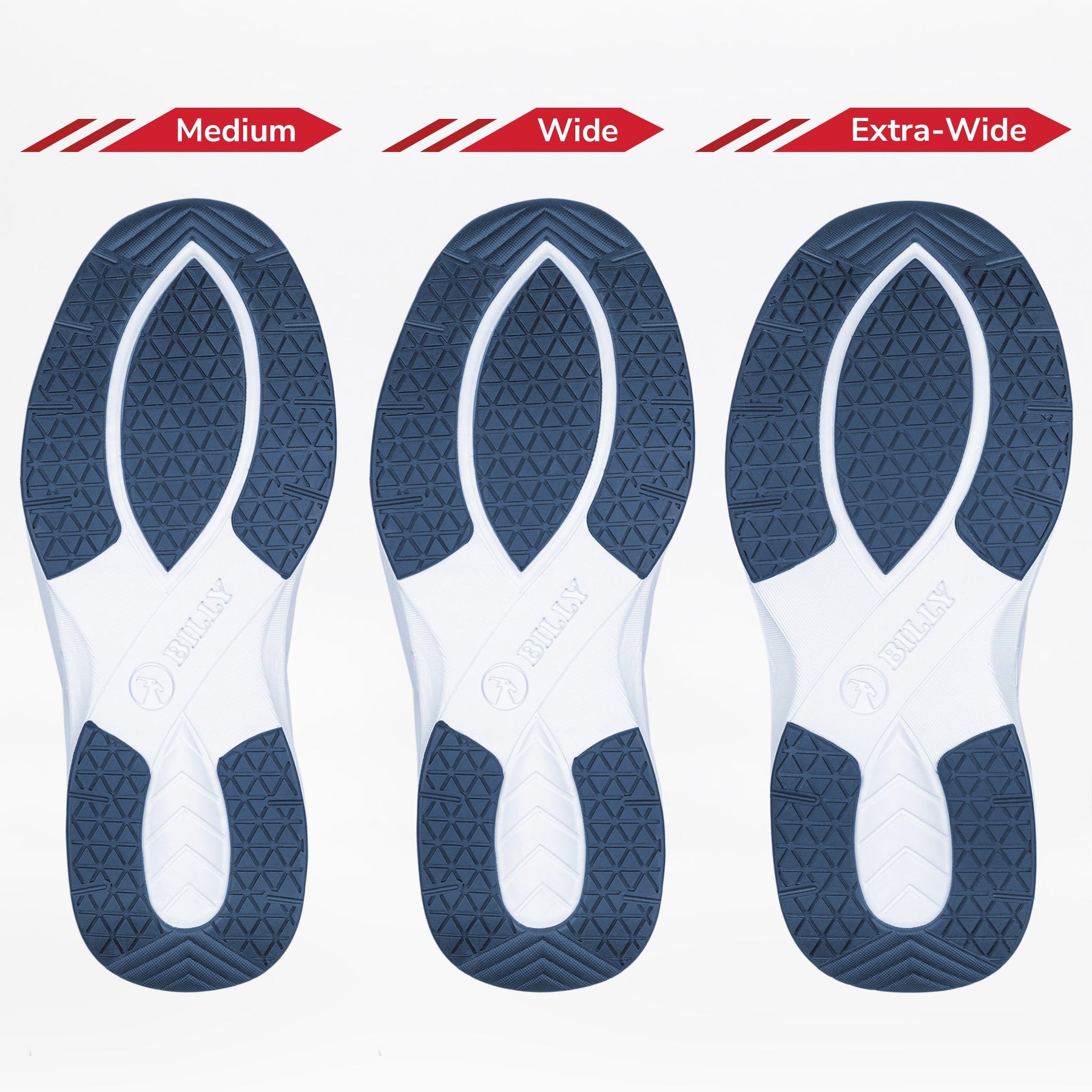 Three pairs of shoe insoles labeled 'Medium', 'Wide', and 'Extra-Wide' on a white background.