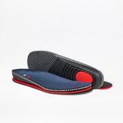 Pair of shoe insoles with red accents on a white background