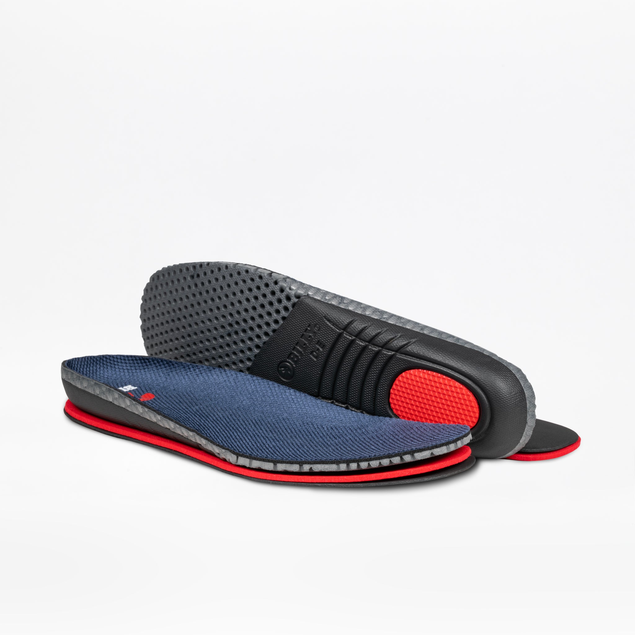 Pair of shoe insoles with red accents on a white background