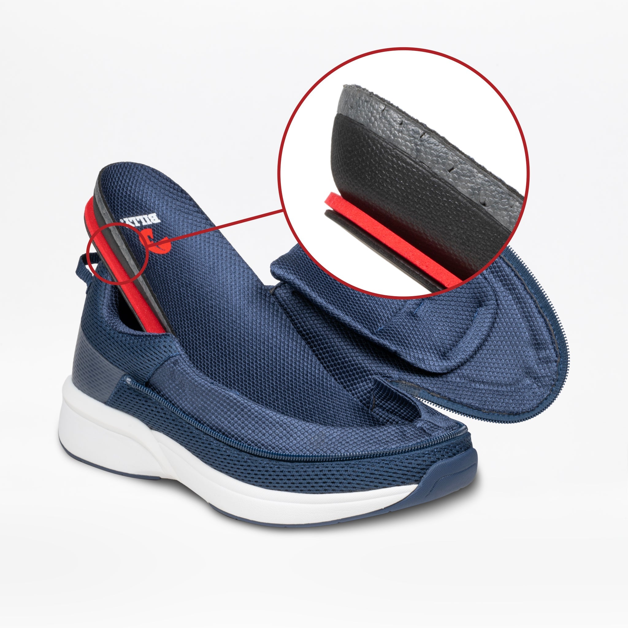 Blue athletic shoe with red accents on a white background, showing a close-up of the sole.