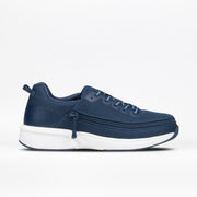 Navy blue athletic shoe with white sole on a light gray background