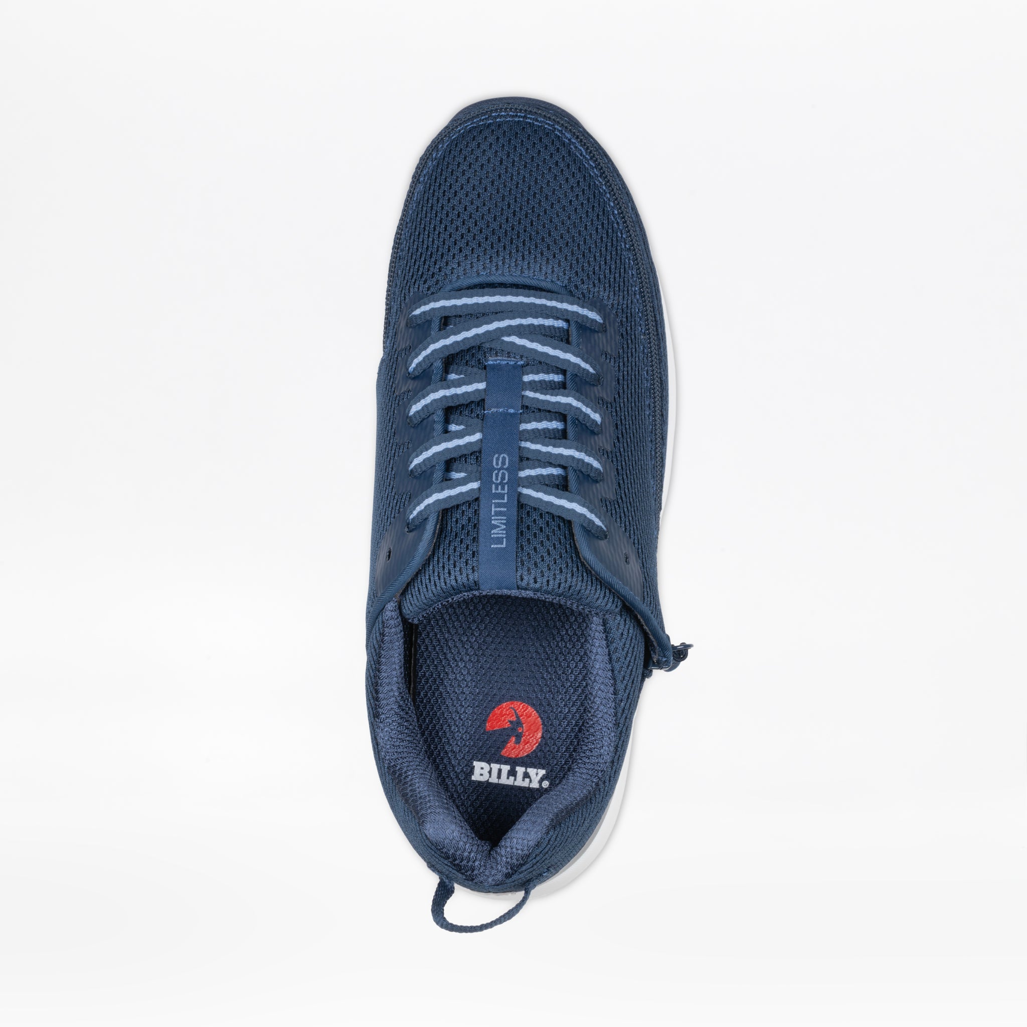 Navy blue sneaker with a visible brand logo on a white background