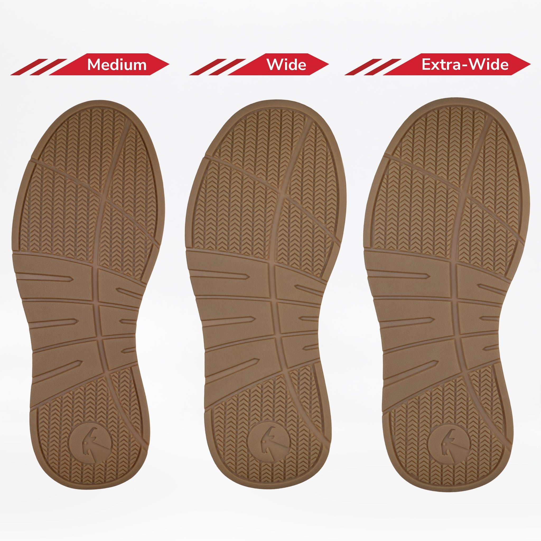 Three black leather shoe soles are side by side, labeled Medium, Wide, and Extra-Wide. These Men's Black Leather BILLY Comfort Luxe shoes by BILLY Footwear show width and tread differences for each size.
