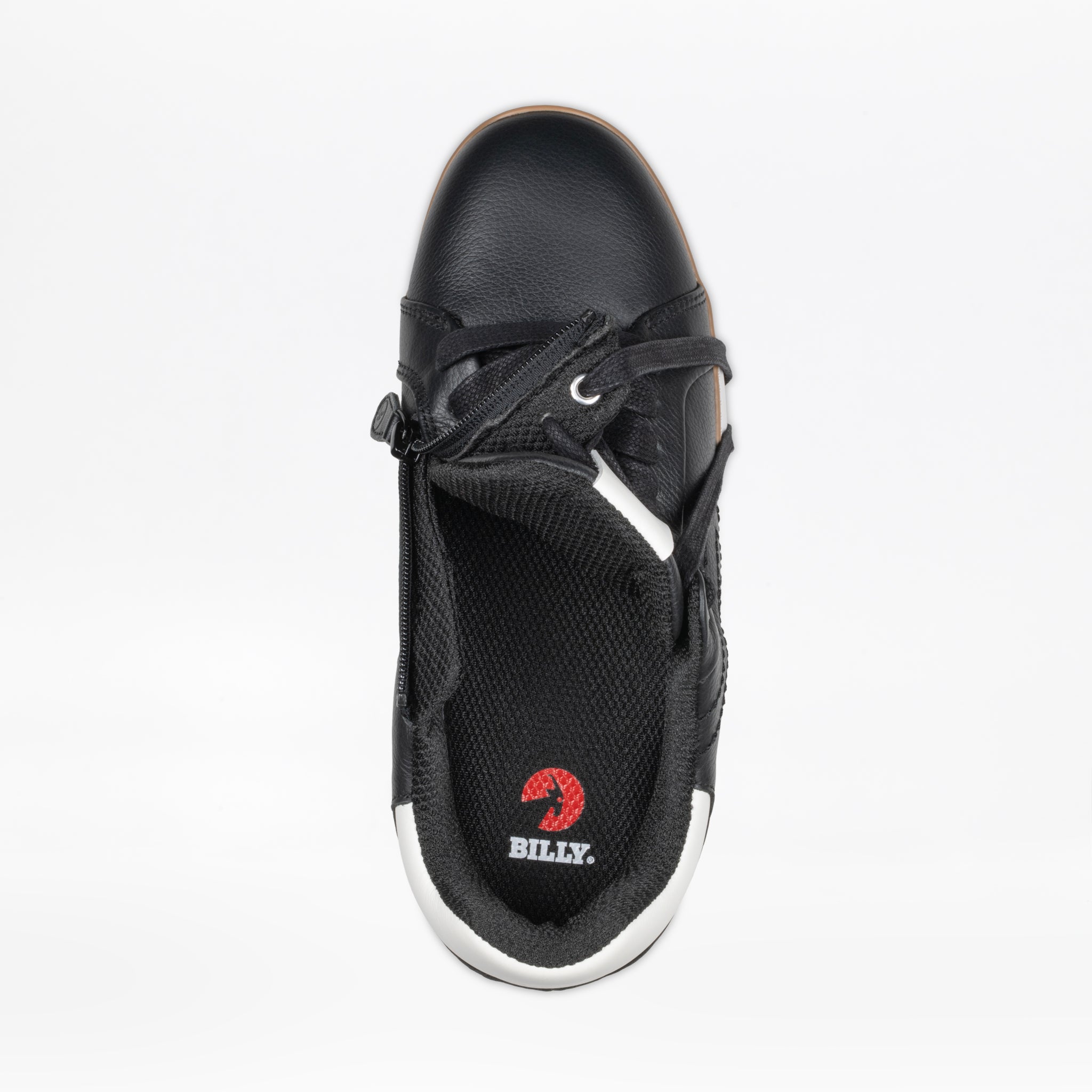 Top view of the Men's Black Leather BILLY Comfort Luxe from BILLY Footwear, showing the zippered opening partially open and a branded insole with "BILLY." in white letters and a red logo, set on a white background.