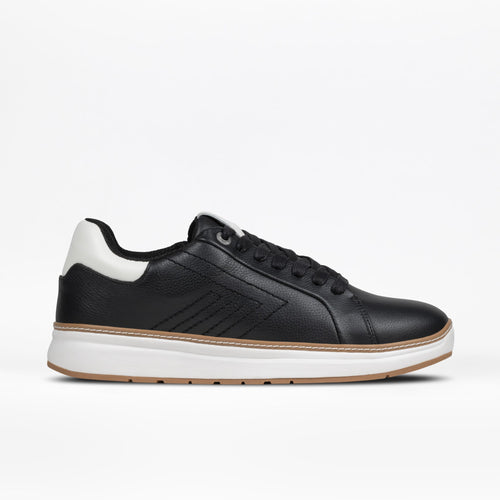 The BILLY Footwear Men's Comfort Luxe in black features black laces, a white cushioned heel tab, white midsole, and light brown outsole for style and comfort. Shown on a plain white background, it suits any occasion.
