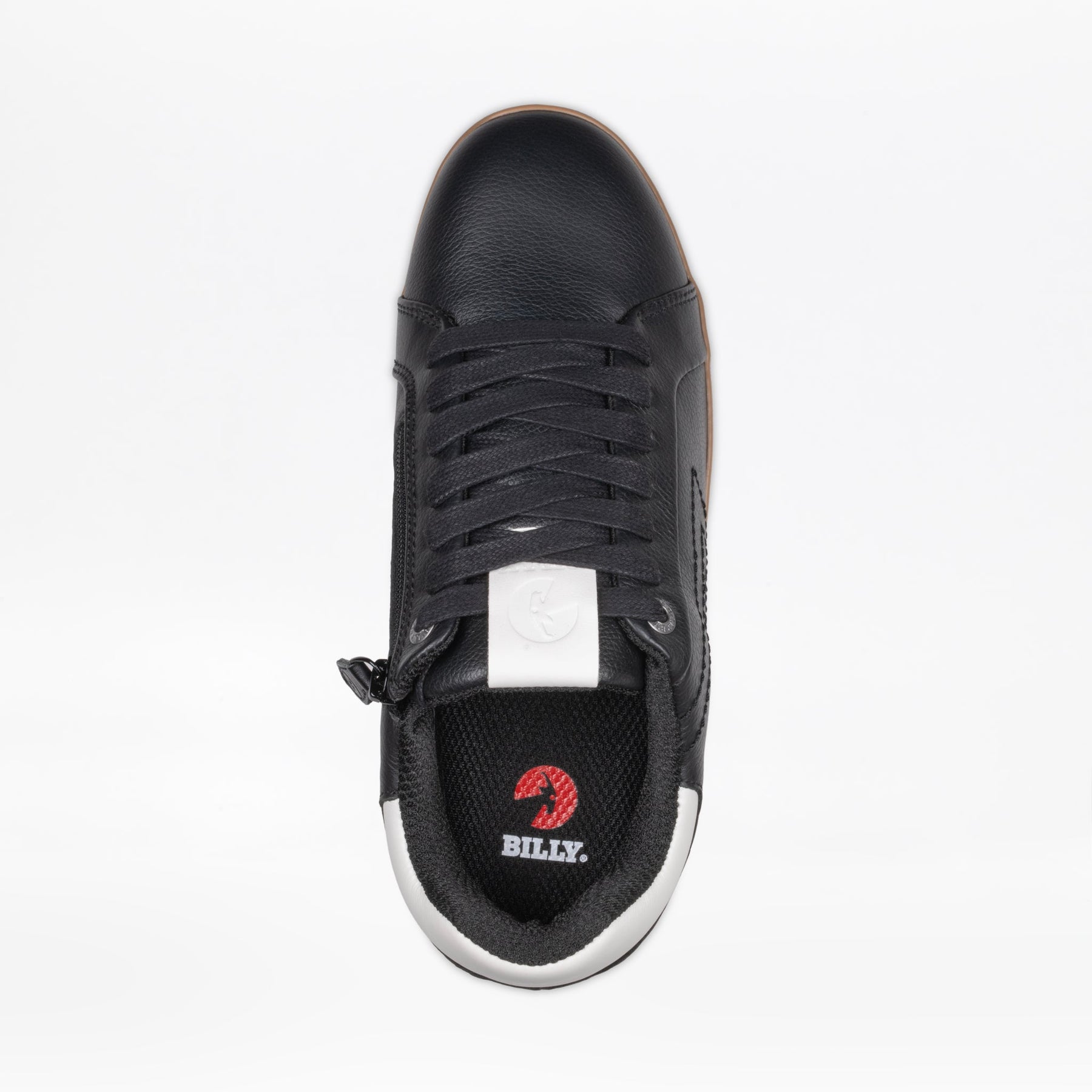 Top view of the Men's Black Leather BILLY Comfort Luxe sneaker by BILLY Footwear, featuring black laces, a white tongue label, a white heel accent, a red insole logo, sensory-friendly design, and a side zipper.