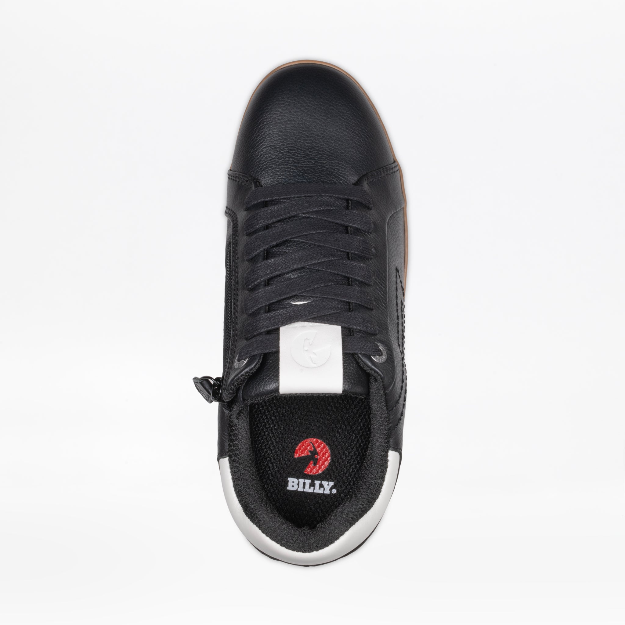 Top view of the Men's Black Leather BILLY Comfort Luxe sneaker by BILLY Footwear, featuring black laces, a white tongue label, a white heel accent, a red insole logo, sensory-friendly design, and a side zipper.