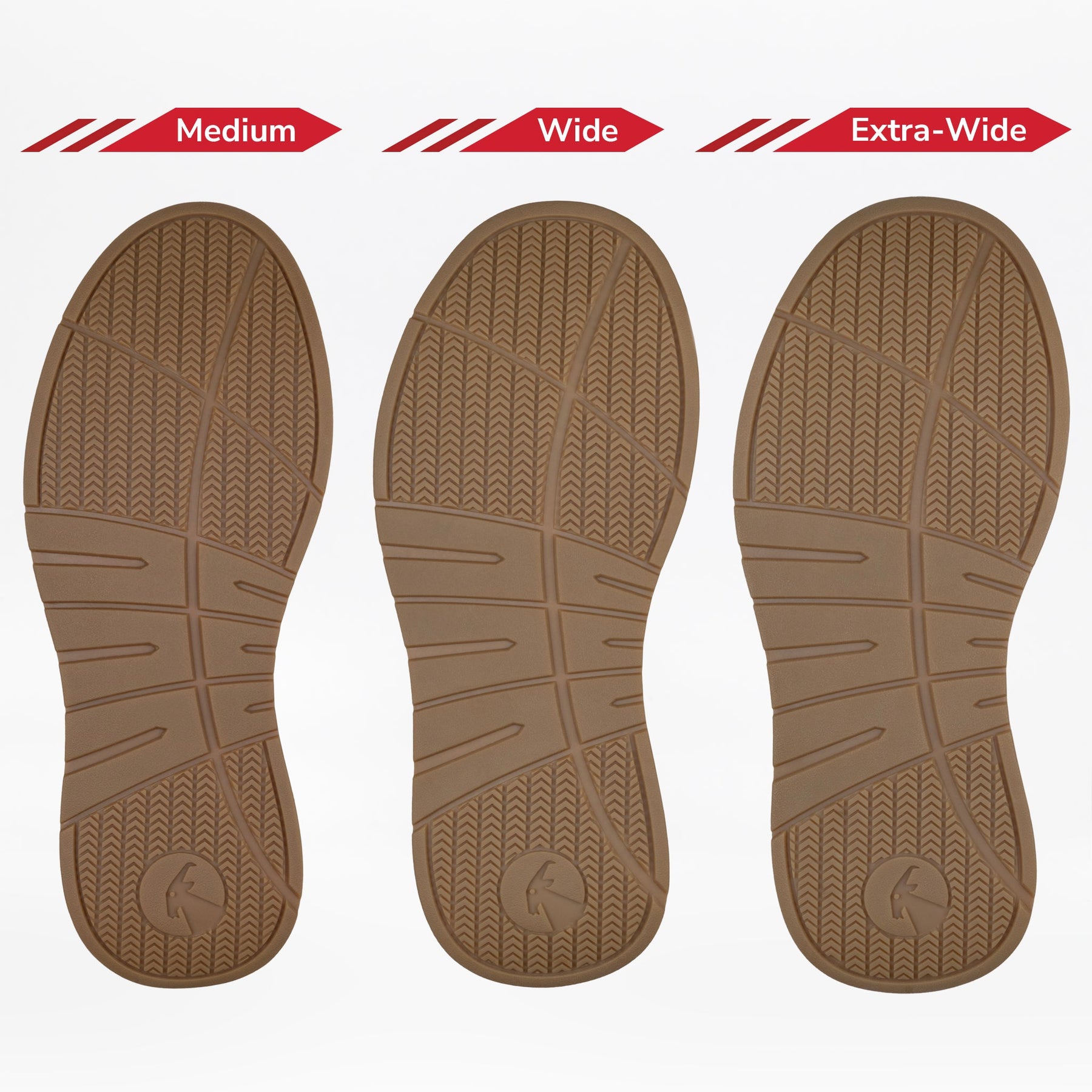 Three brown shoe soles are shown side by side, labeled Medium, Wide, and Extra-Wide, highlighting the width and tread patterns of the Men’s White Leather BILLY Comfort Luxe sensory-friendly shoe by BILLY Footwear.