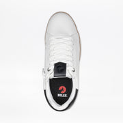 Top view of the Men's White Leather BILLY Comfort Luxe by BILLY Footwear: a sensory-friendly dress sneaker with white laces, black heel and insole with logo, plus an outside zipper for easy on/off.