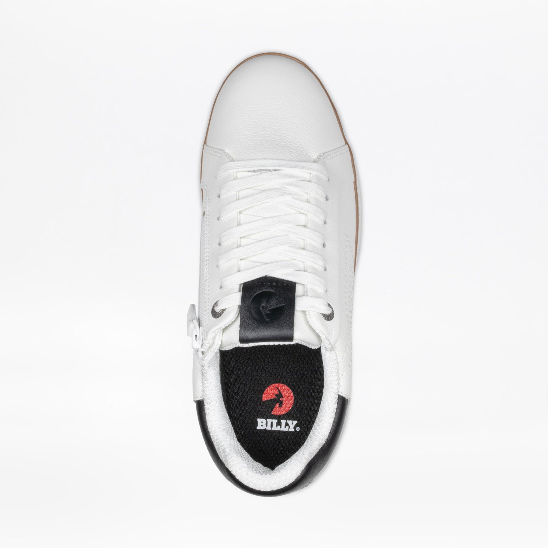 Top view of the Men's White Leather BILLY Comfort Luxe by BILLY Footwear: a sensory-friendly dress sneaker with white laces, black heel and insole with logo, plus an outside zipper for easy on/off.