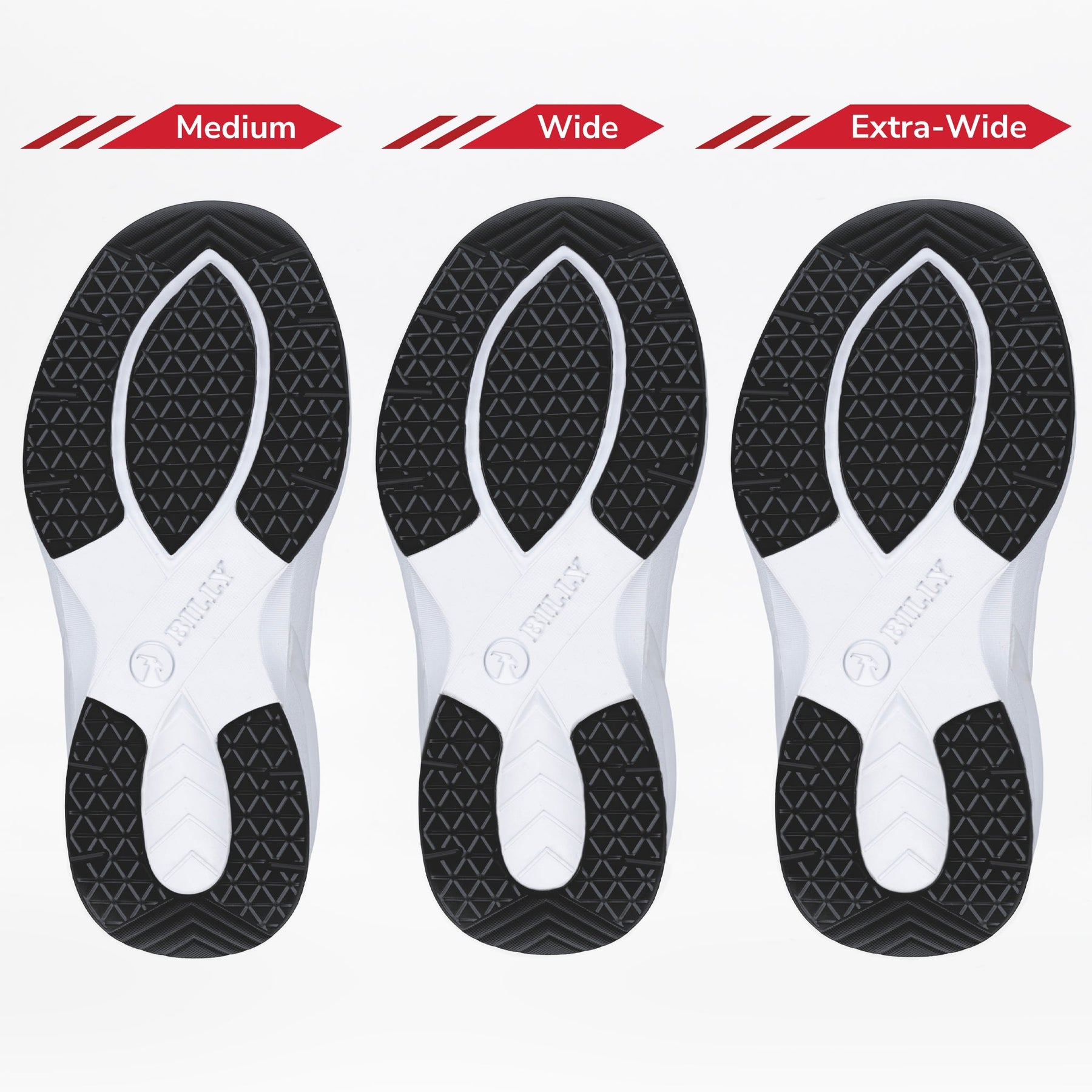 Three Women's Black BILLY Limitless sneaker soles by BILLY Footwear—Medium, Wide, and Extra-Wide—are shown side by side, highlighting the increasing width and size for adjustable depth or sensory friendly shoes.