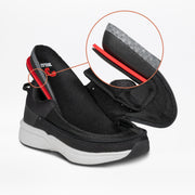 The Women's Black BILLY Limitless by BILLY Footwear is displayed in cutaway, featuring a white sole and showcasing its layered insole and midsole. An inset highlights interior cushioning and support materials for added comfort.