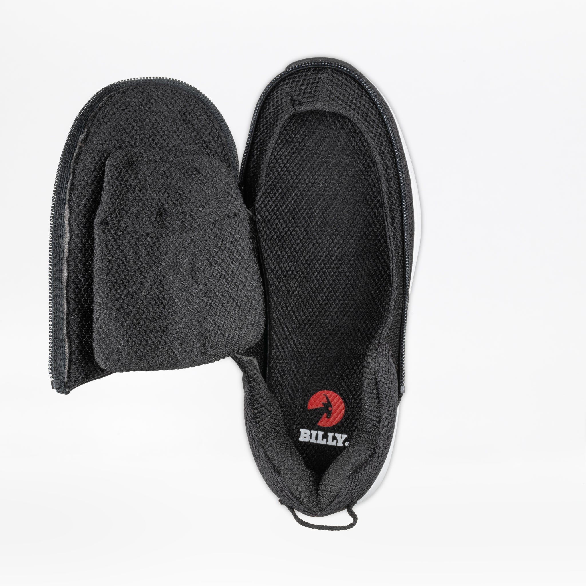 The Women's Black BILLY Limitless by BILLY Footwear features a side and top zipper for easy-on/easy-off access, adjustable depth, and reveals the red BILLY logo on the insole.