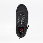 Top view of the Women's Black BILLY Limitless shoe by BILLY Footwear, featuring mesh fabric, gray laces, a LIMITLESS tag, red insole logo, and an easy-access side zipper for convenient on/off.