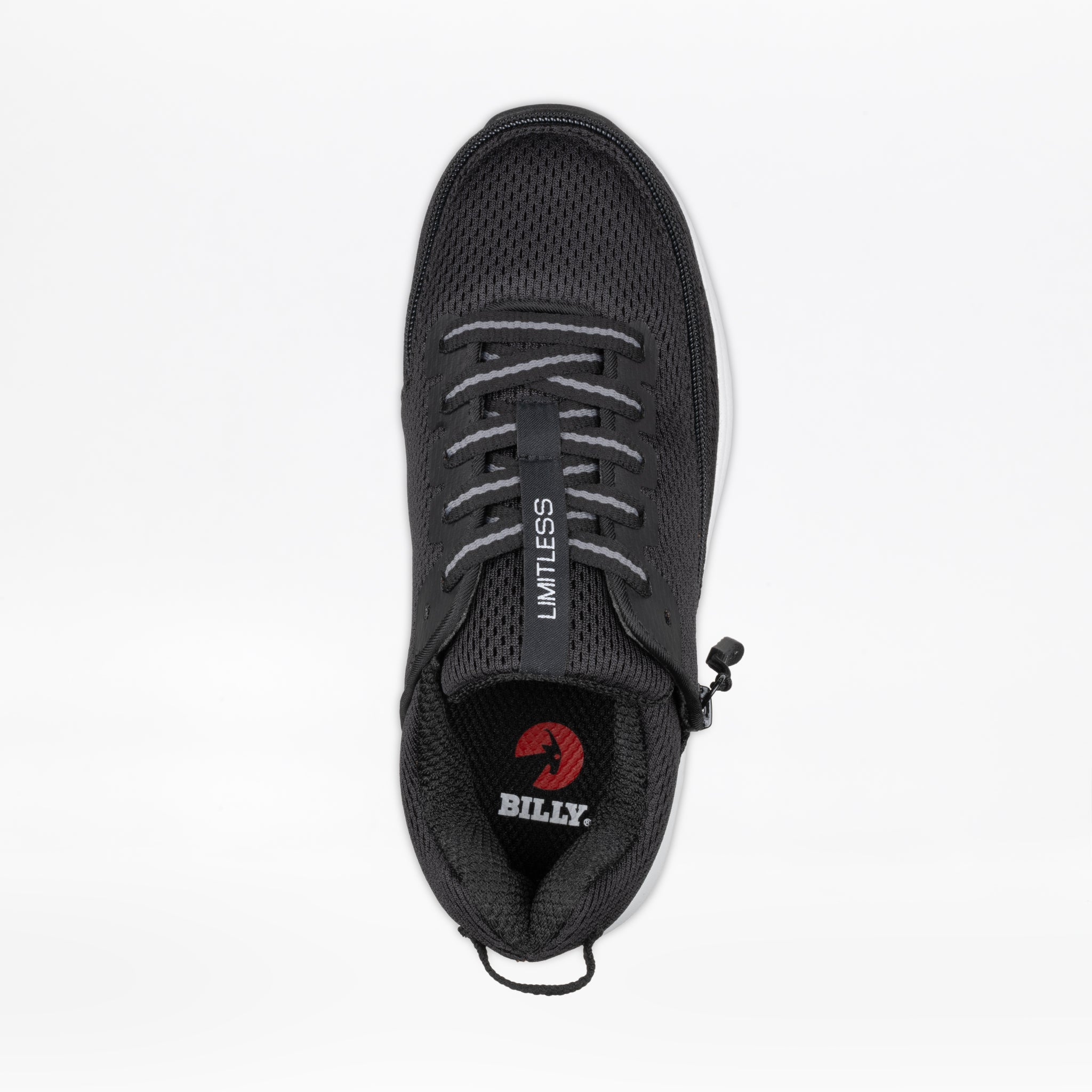 Top view of the Women's Black BILLY Limitless shoe by BILLY Footwear, featuring mesh fabric, gray laces, a LIMITLESS tag, red insole logo, and an easy-access side zipper for convenient on/off.