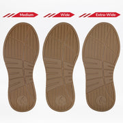 Three brown shoe soles labeled “Medium,” “Wide,” and “Extra-Wide” show the width options for the Women’s White Leather BILLY Comfort Luxe by BILLY Footwear, with identical tread patterns highlighting fit variety.