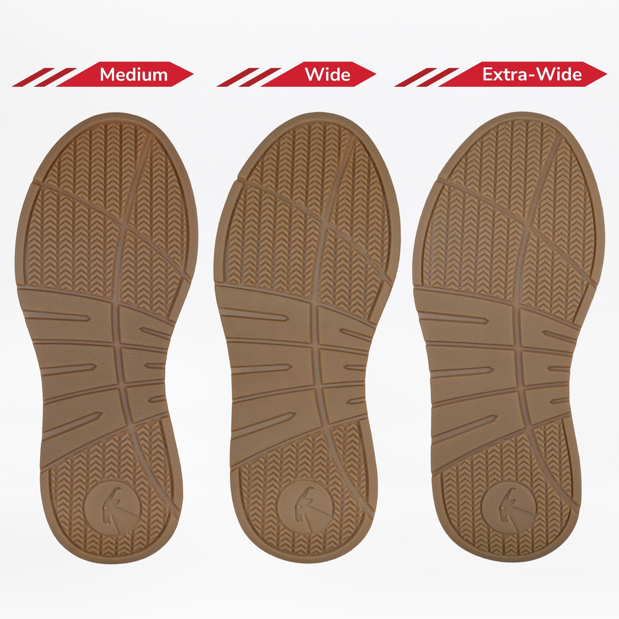 Three brown shoe soles labeled “Medium,” “Wide,” and “Extra-Wide” show the width options for the Women’s White Leather BILLY Comfort Luxe by BILLY Footwear, with identical tread patterns highlighting fit variety.