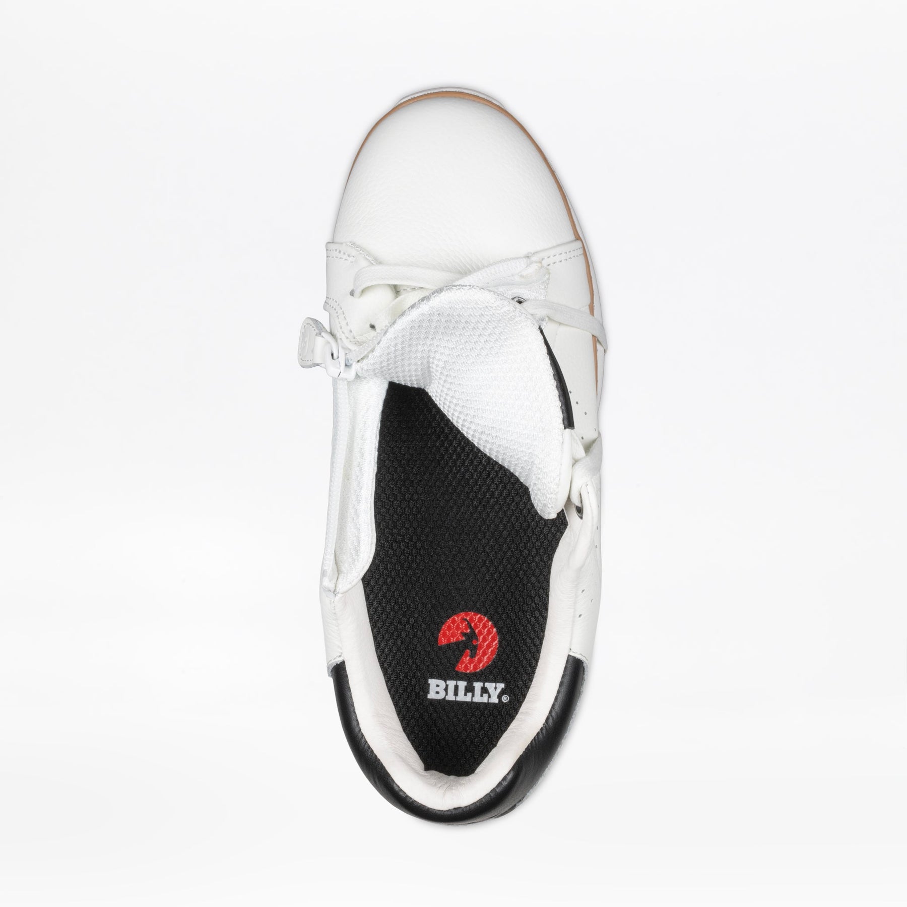 A top view of the Women's White Leather BILLY Comfort Luxe shoe by BILLY Footwear shows its tongue pulled down to reveal a black insole with a red BILLY logo, white laces, and a black heel accent.