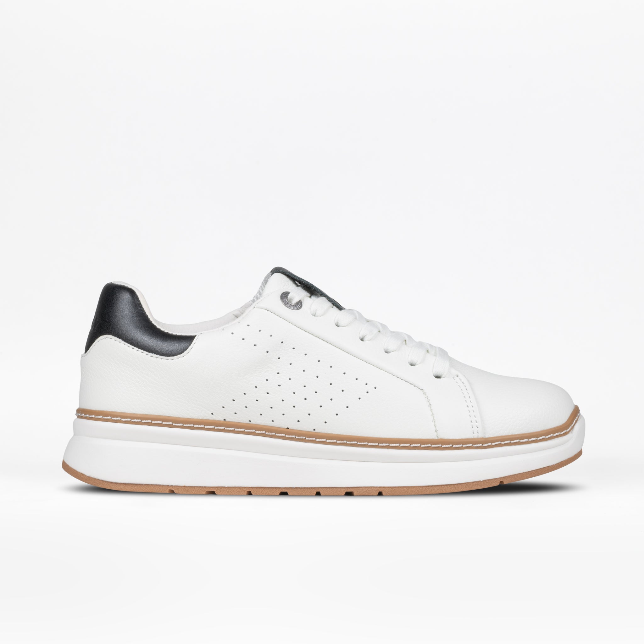 The Women's White Leather BILLY Comfort Luxe sneaker by BILLY Footwear features a black heel tab, perforated sides, white laces, and a brown-accented sole. Displayed on a white background, these sensory-friendly shoes are ideal for everyday comfort and style.