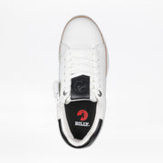 Top view of the Women's White Leather BILLY Comfort Luxe from BILLY Footwear, featuring white laces, black tongue and heel accents, a white 'BILLY' insole, and a side zipper for easy-access and sensory-friendly comfort.