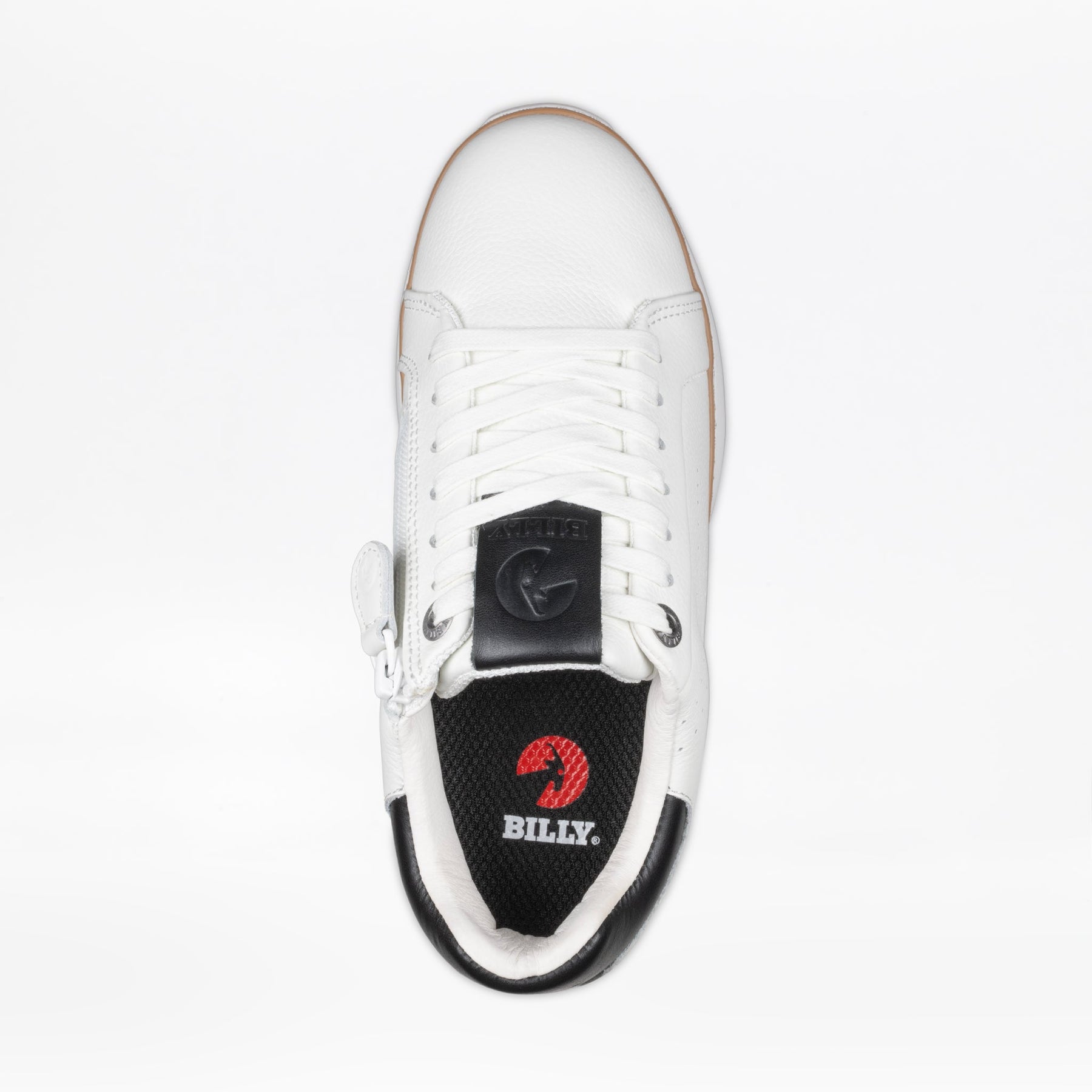 Top view of the Women's White Leather BILLY Comfort Luxe from BILLY Footwear, featuring white laces, black tongue and heel accents, a white 'BILLY' insole, and a side zipper for easy-access and sensory-friendly comfort.