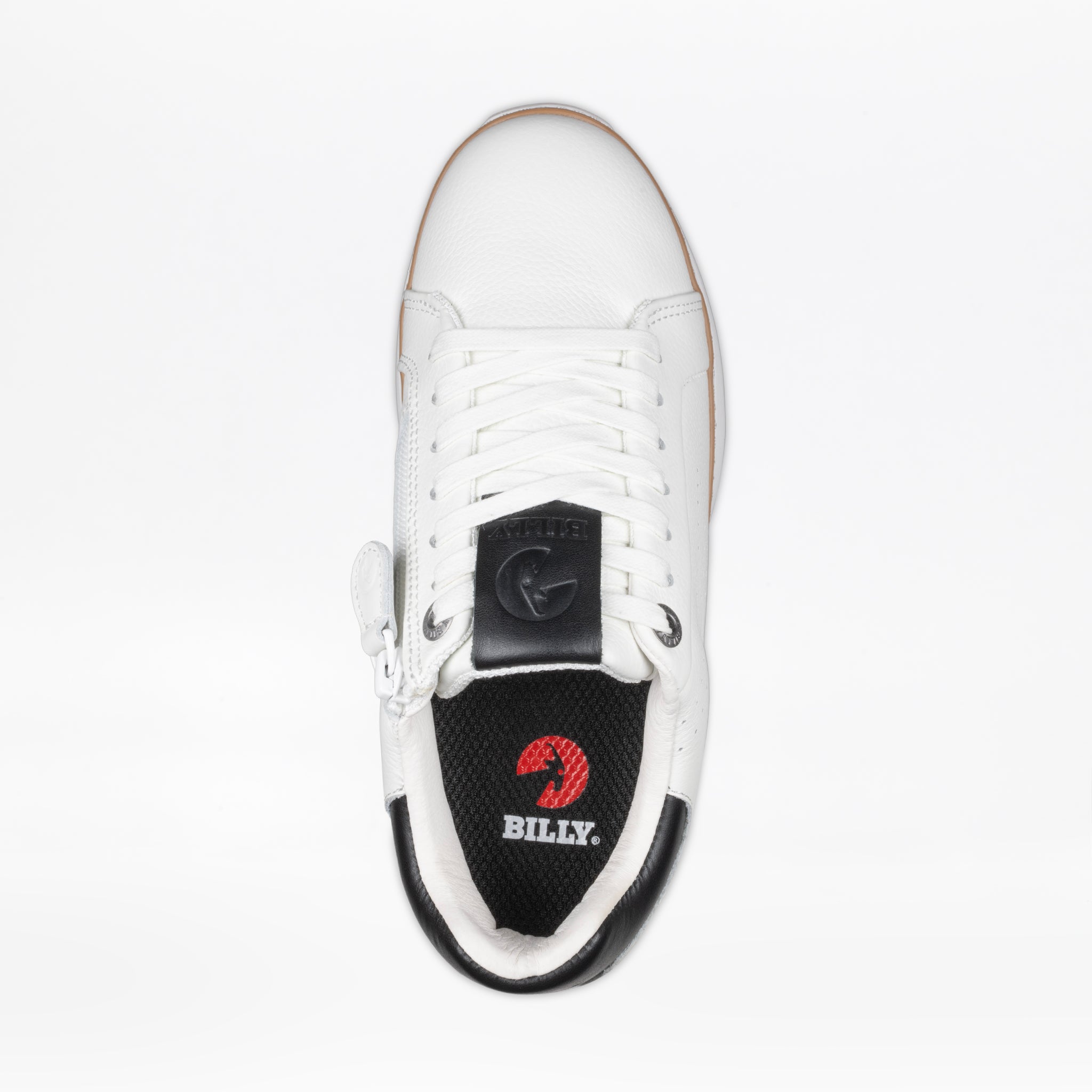 Top view of the Women's White Leather BILLY Comfort Luxe from BILLY Footwear, featuring white laces, black tongue and heel accents, a white 'BILLY' insole, and a side zipper for easy-access and sensory-friendly comfort.