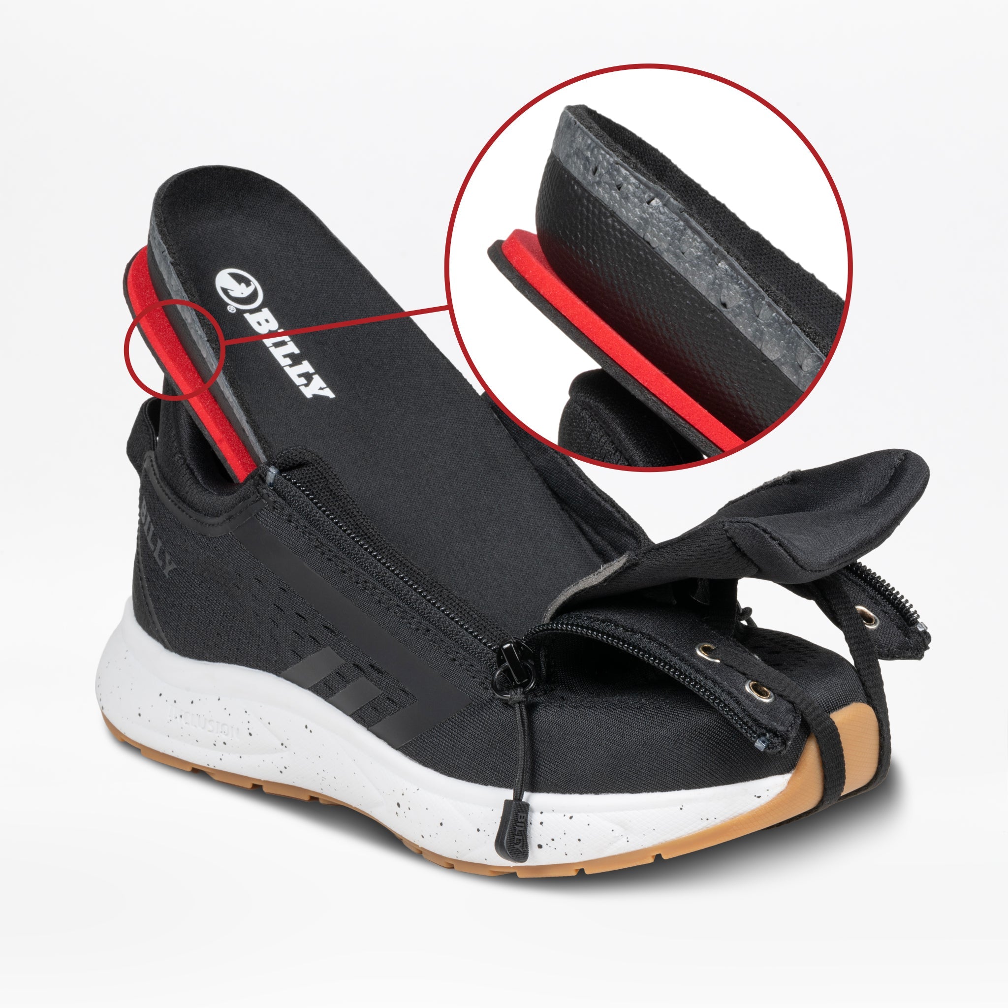 The Women's Black/White/Gum BILLY Sport Inclusion DZ1 by BILLY Footwear is shown open with double side zippers, revealing the interior. A circular inset highlights the removable insole and layered heel construction.