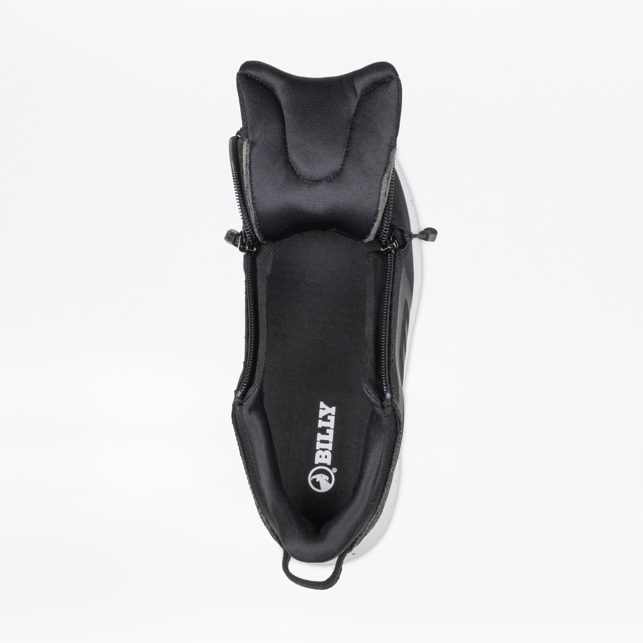 Top view of a Women's Black/White/Gum BILLY Sport Inclusion DZ1 sneaker by BILLY Footwear, with the upper unzipped to show the interior and insole logo. Designed for easy access, these women's athletic sneakers provide adaptive comfort.