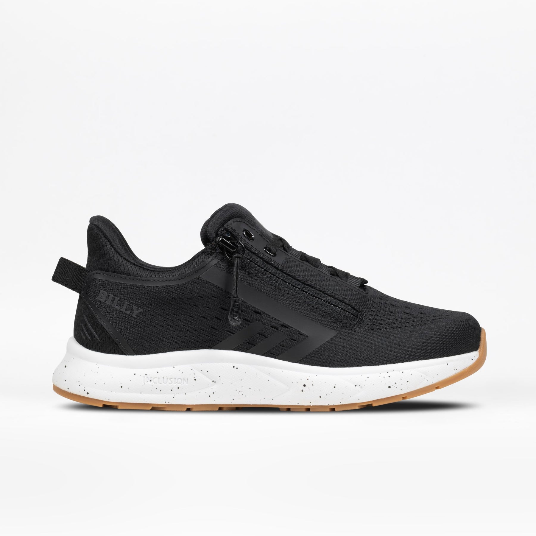 The Women's Black/White/Gum BILLY Sport Inclusion DZ1 by BILLY Footwear is a black athletic sneaker for women with double zippers, a white speckled sole, tan rubber outsole, and "BILLY" on the heel, shown against a white background.