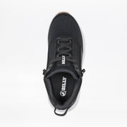 Top view of the Women's Black/White/Gum BILLY Sport Inclusion DZ1 by BILLY Footwear, a wide width sneaker with double zippers encircling the laces for easy access. The sneaker has BILLY branding on the tongue and insole, set against a plain white background.