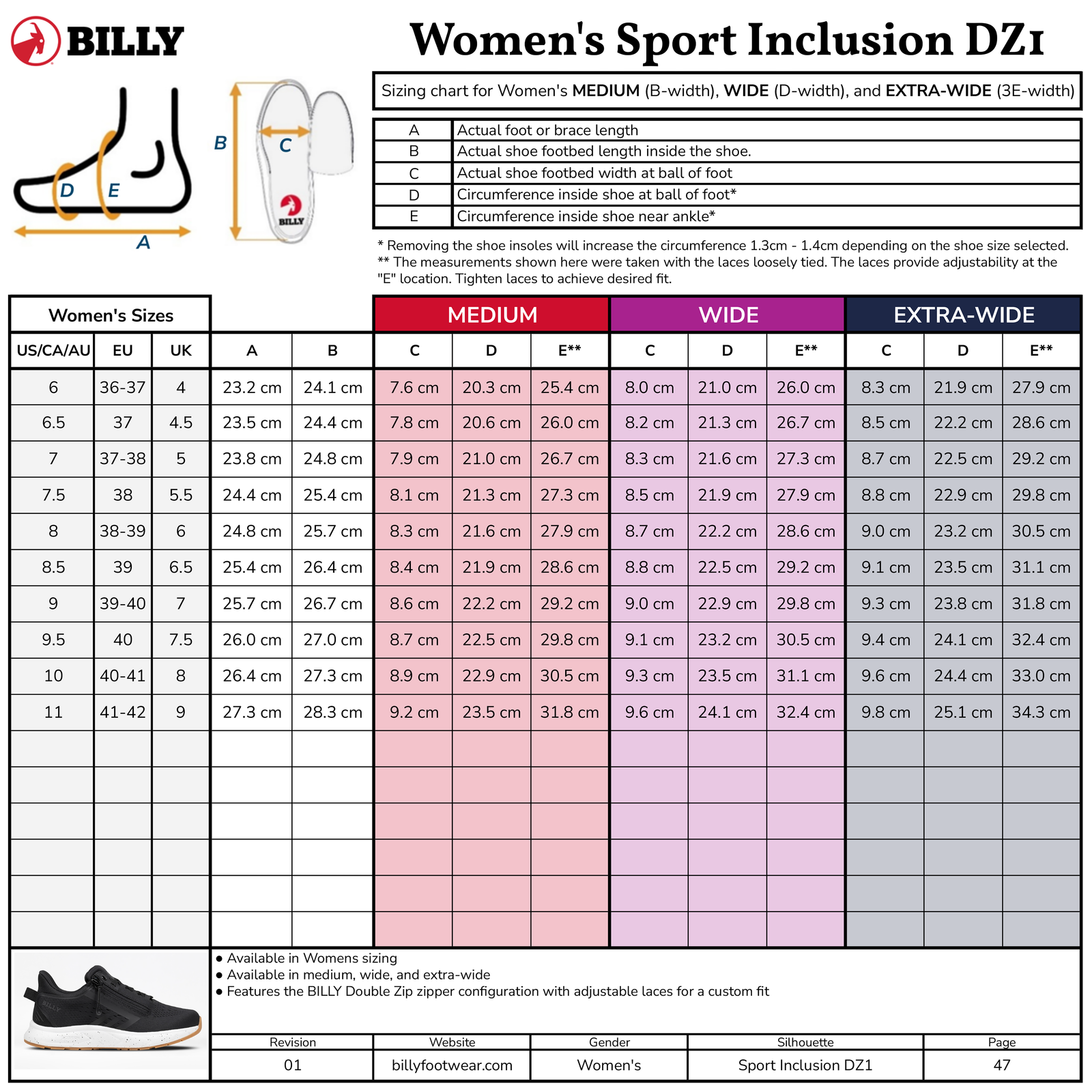 A BILLY Footwear women’s shoe sizing chart for the Mauve/White/Plum BILLY Sport Inclusion DZ1 shows US, UK, EU sizes, centimeter foot lengths, width options (Medium, Wide, Extra-Wide), and a diagram on measuring foot length and width.