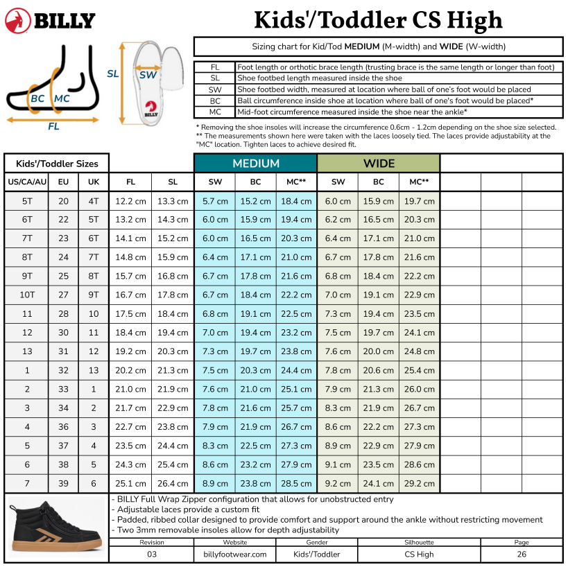 BILLY Footwear CS High sizing chart